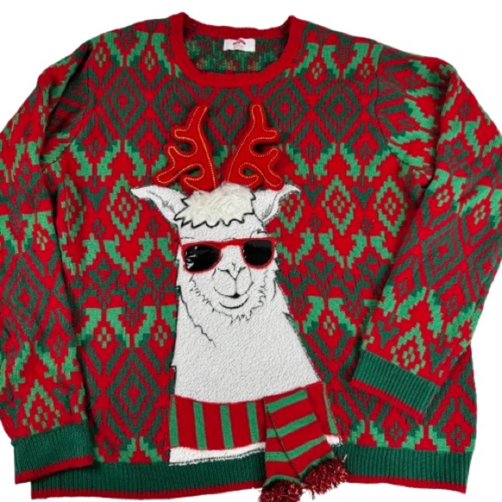 Festive Red & Green Llama Ugly Christmas Sweater